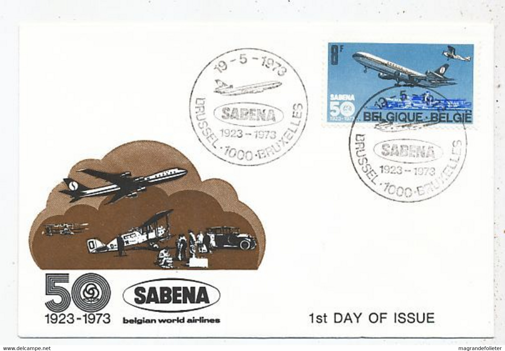 AVION AVIATION AIRWAYS SABENA FDC 50 ANS BELGIAN WOELD AIRLINES 1923-1973 - Flight Certificates