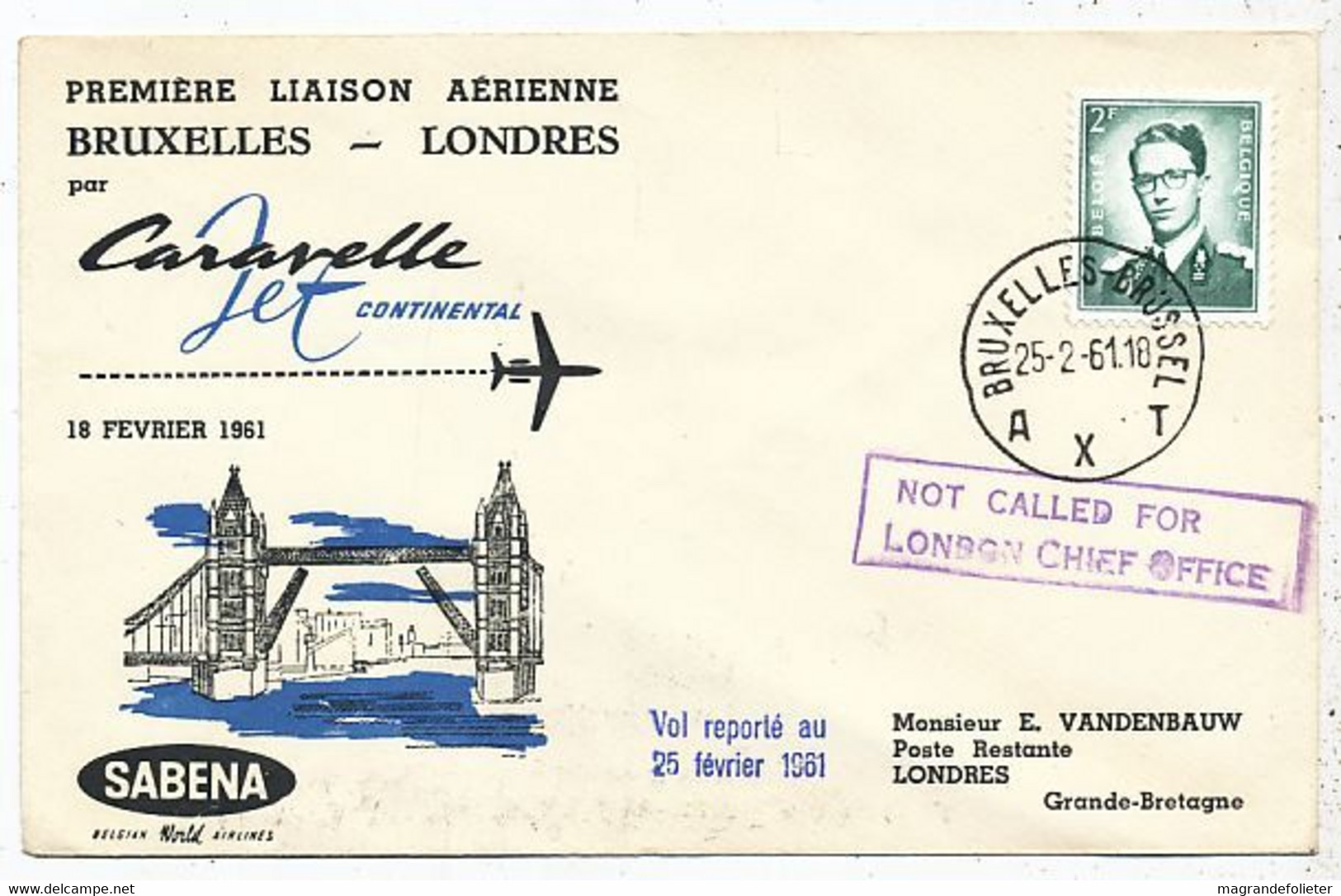 AVION AVIATION AIRWAYS SABENA FDC 1 Ere LIAISON CARAVELLE BRUXELLES-LONDRES 1961 - Zertifikate