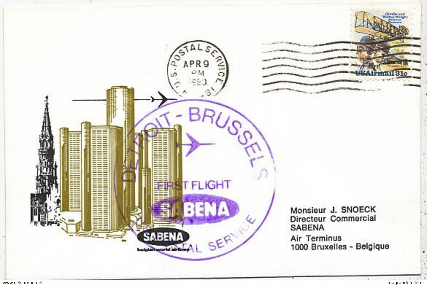 AVION AVIATION AIRWAYS SABENA FDC 1 Ere VOL LIAISON  DETROIT-BRUXELLES  1980 - Certificados De Vuelo