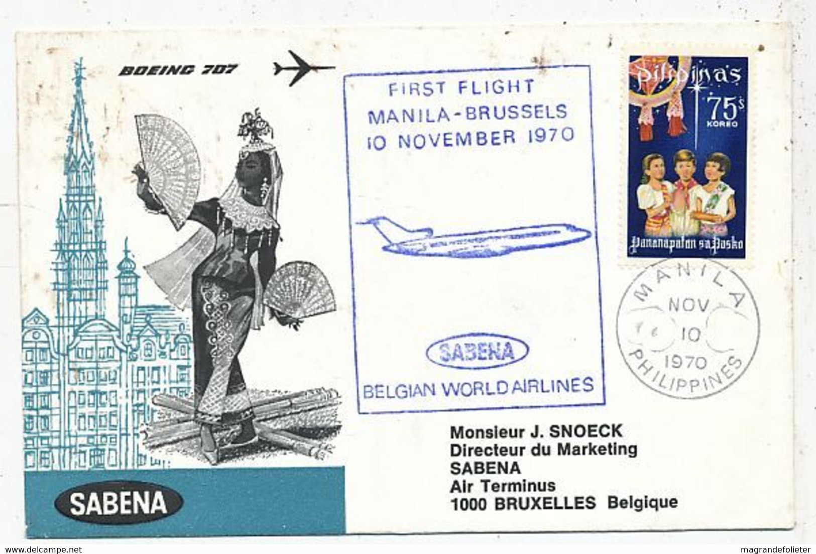 AVION AVIATION AIRWAYS SABENA FDC 1 Ere VOL LIAISON BOEING MANILA-BRUXELLES 1970 - Certificados De Vuelo