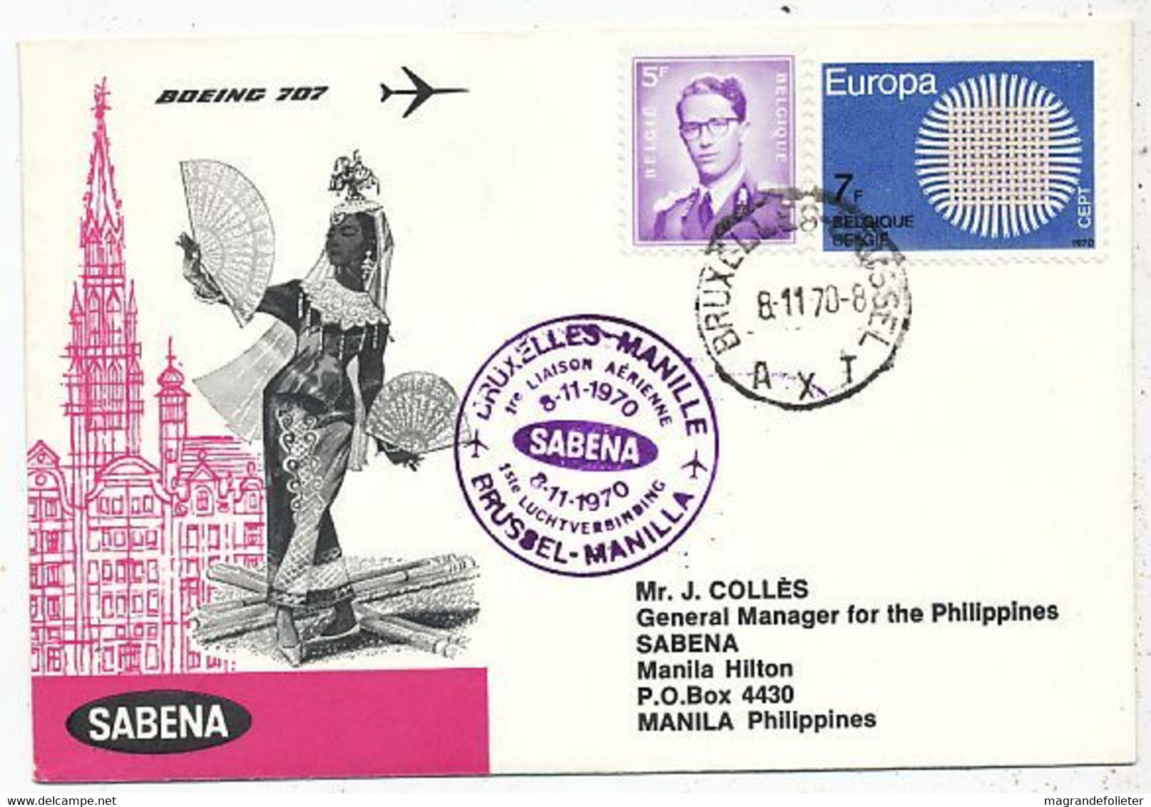 AVION AVIATION AIRWAYS SABENA FDC 1 Ere VOL LIAISON BOEING BRUXELLES-MANILLE  1970 - Flight Certificates