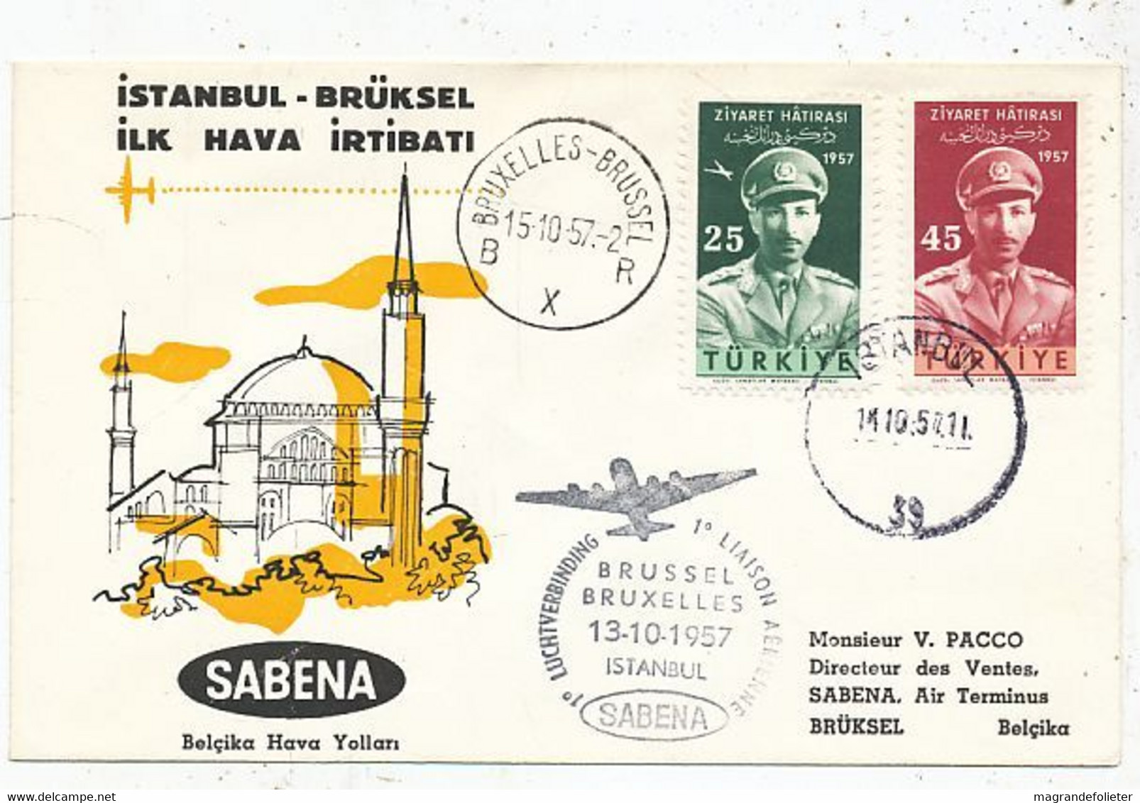 AVION AVIATION AIRWAYS SABENA FDC 1 Ere VOL LIAISON ISTANBUL-BRÜKSEL ILK HAVA IRTIBATI 1957 - Vliegvergunningen