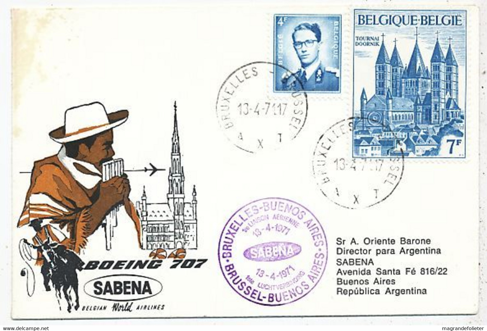 AVION AVIATION AIRWAYS SABENA FDC 1 Ere VOL LIAISON BRUXELLES-BUENOS-AIRES 1971 - Flight Certificates