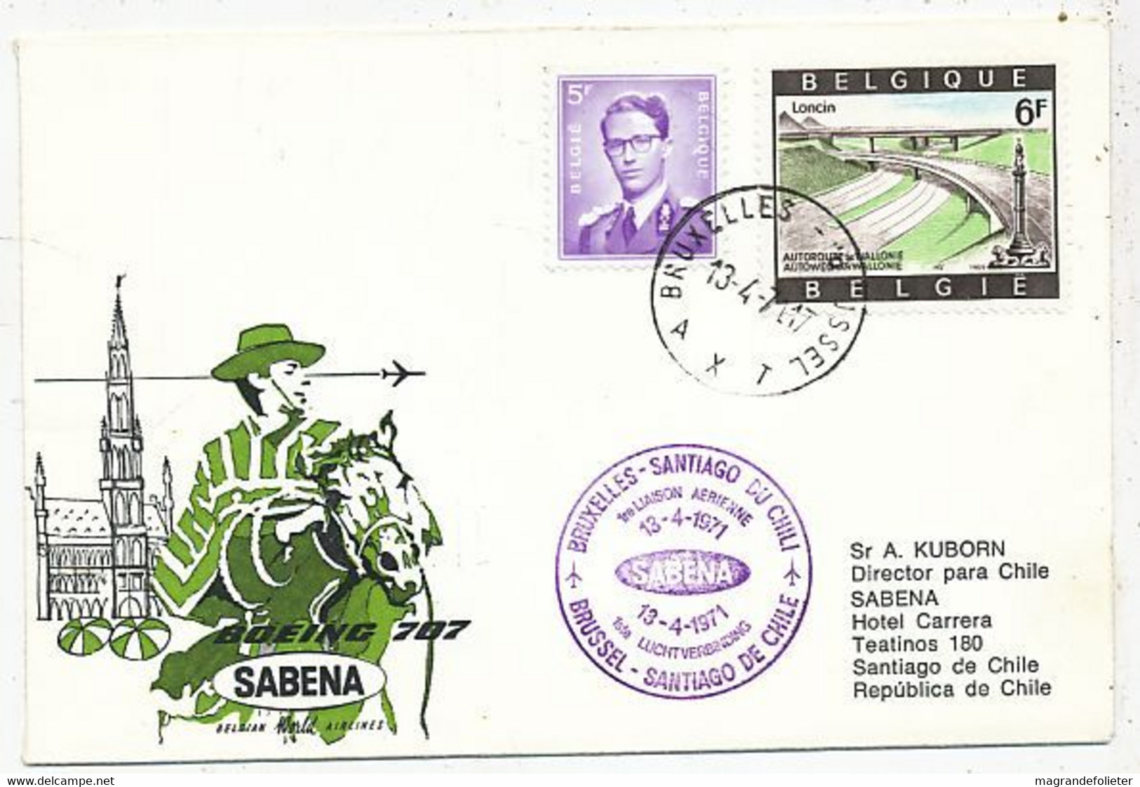 AVION AVIATION AIRWAYS SABENA FDC 1 Ere VOL LIAISON BRUXELLES-SANTIAGO DU CHILI 1971 - Flight Certificates