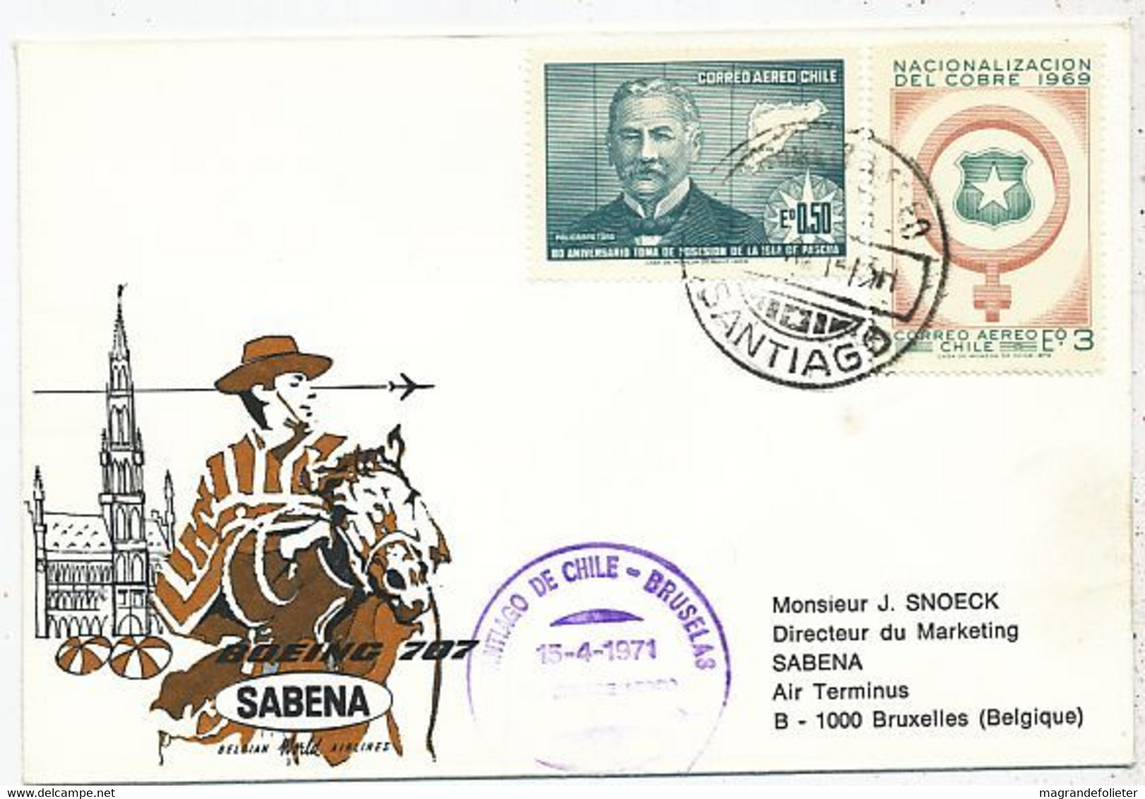 AVION AVIATION AIRWAYS SABENA FDC 1 Ere VOL LIAISON SANTIAGO DU CHILI-BRUXELLES 1971 - Zertifikate