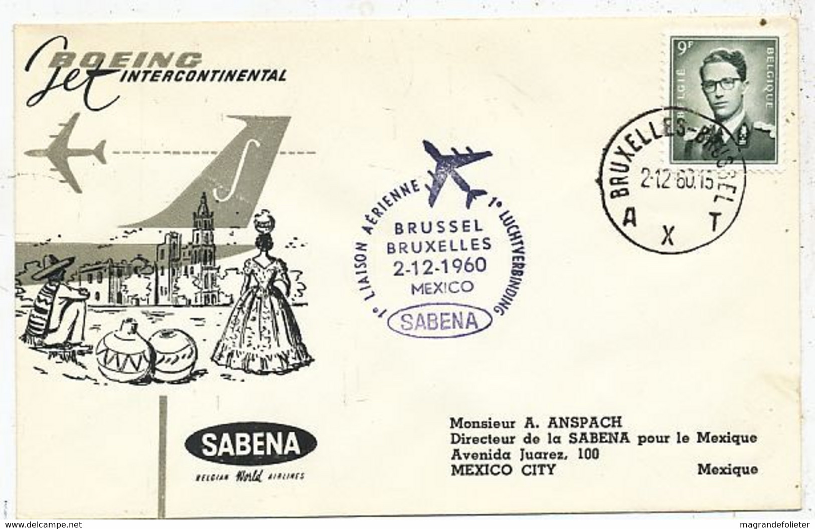 AVION AVIATION AIRWAYS SABENA FDC 1 Ere VOL LIAISON BOEING BRUXELLES-MEXICO 1960 - Certificados De Vuelo