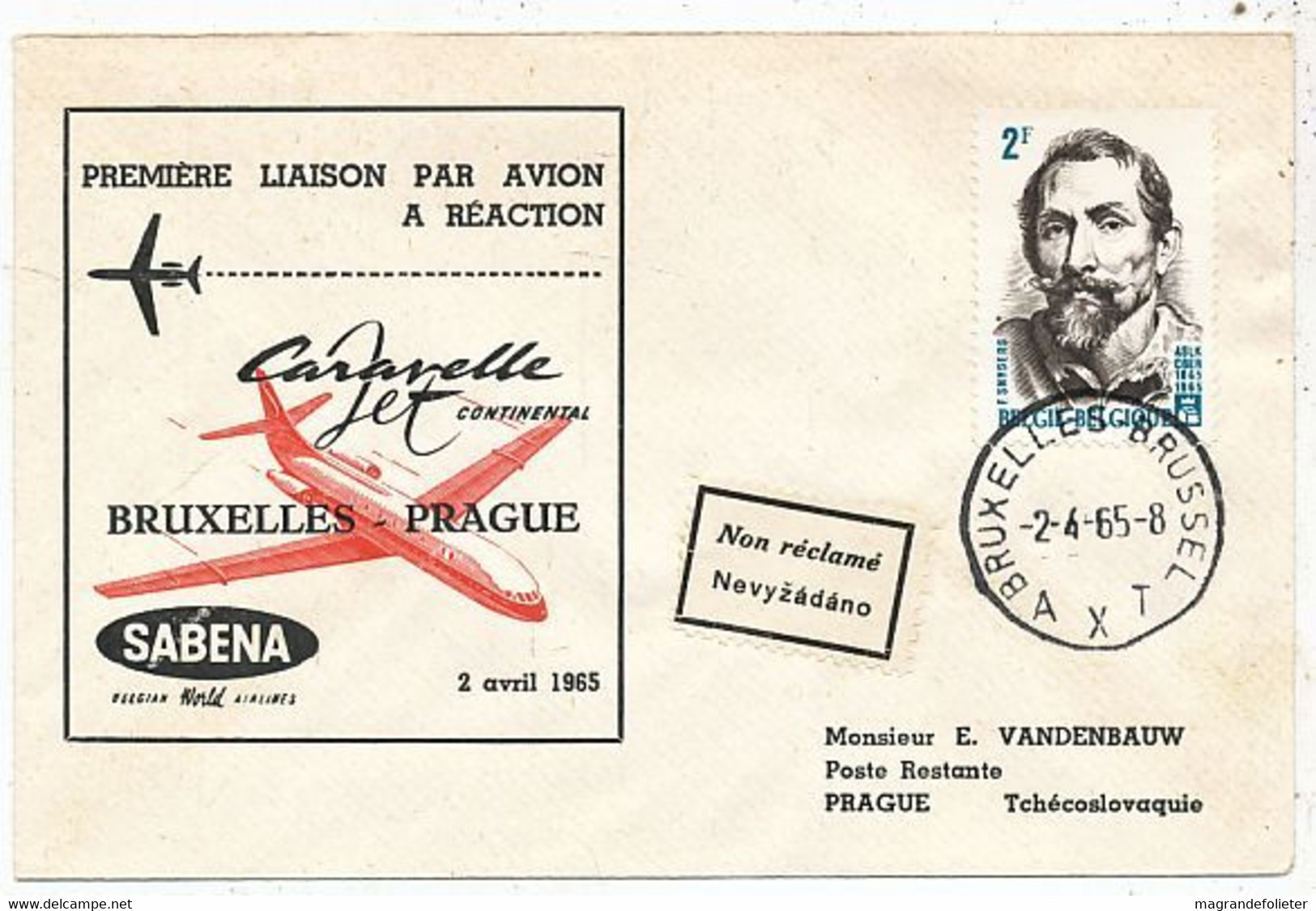 AVION AVIATION AIRWAYS SABENA FDC 1 Ere VOL LIAISON CARAVELLE BRUXELLES-PRAGUE 1965 - Brevetti Di Volo