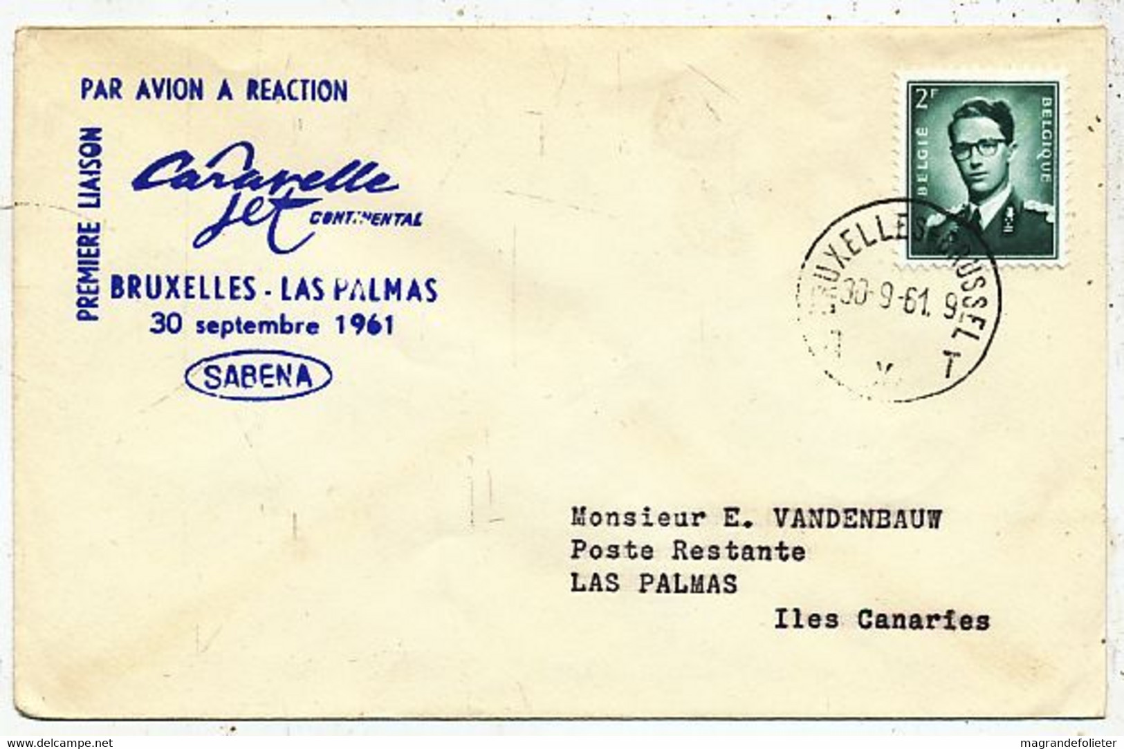 AVION AVIATION AIRWAYS SABENA FDC 1 Ere VOL LIAISON CARAVELLE BRUXELLES-LAS PALMAS  1961 - Zertifikate