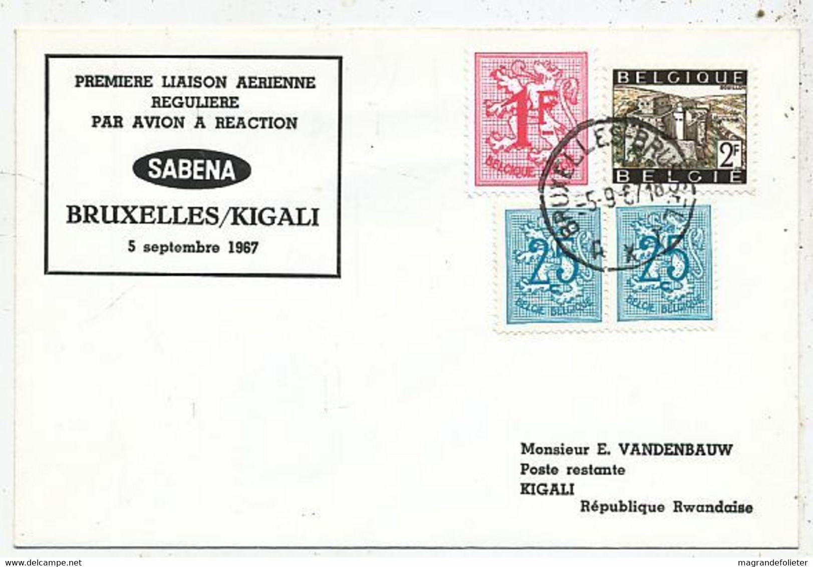 AVION AVIATION AIRWAYS SABENA FDC 1 Ere VOL LIAISON BRUXELLES-KIGALI 1967 - Certificados De Vuelo