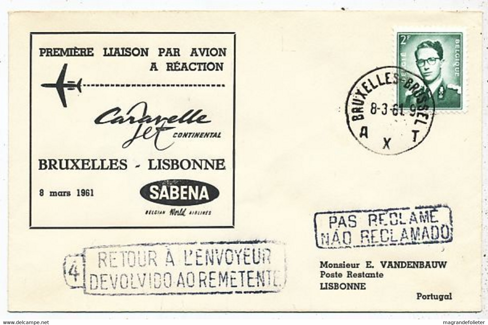 AVION AVIATION AIRWAYS SABENA FDC 1 Ere VOL LIAISON CARAVELLE BRUXELLES-LISBONNE 1961 - Zertifikate