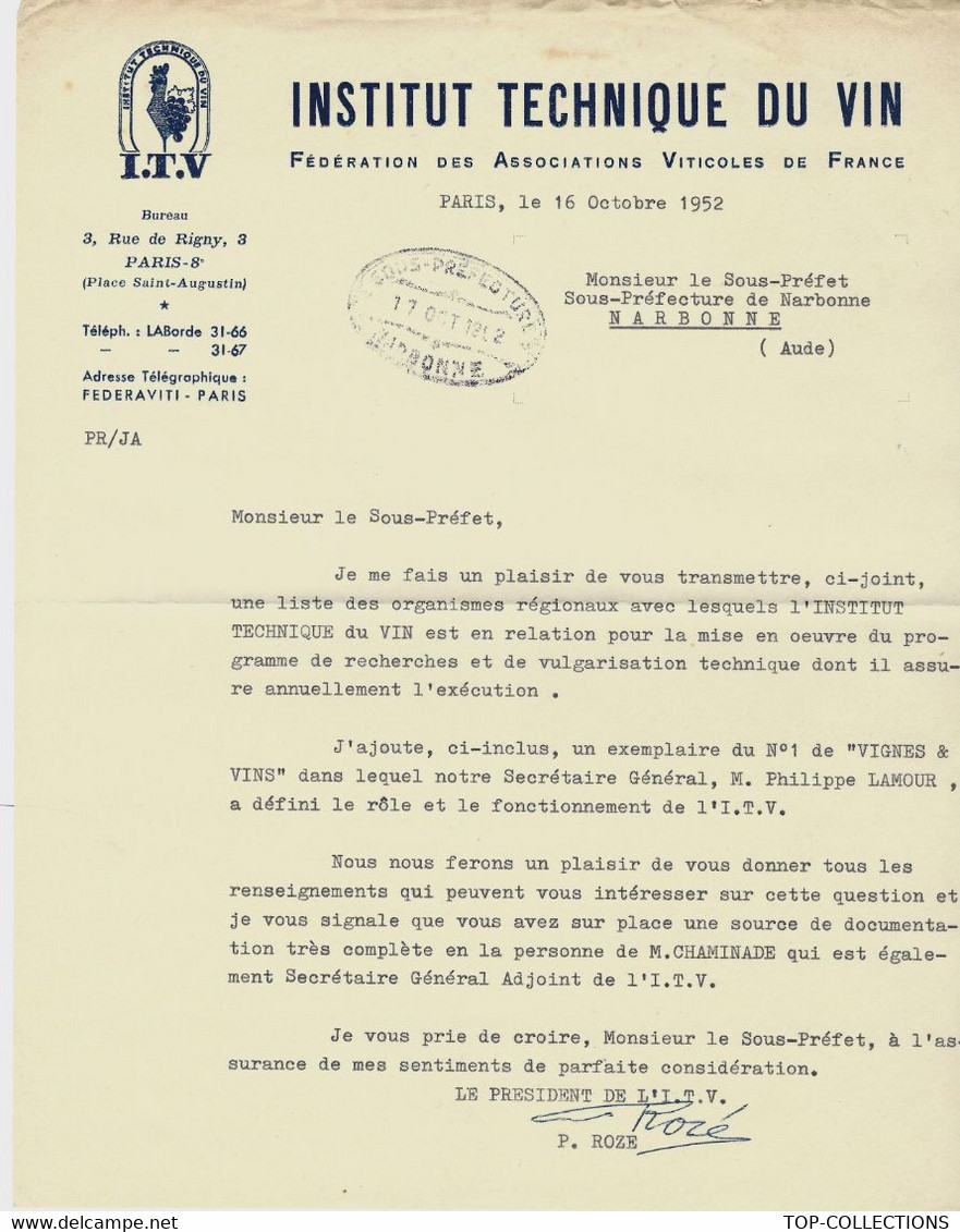 1952  VIN  VITICULTURE AMELIORATION DE LA QUALITE DES VINS INTITUT TECHNIQUE DU VIN PARIS Deviendra I.F.V.V. - 1950 - ...