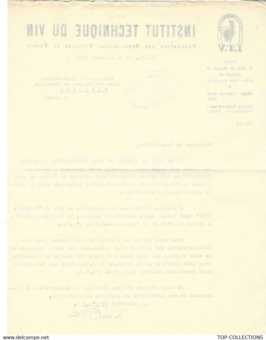 1952  VIN  VITICULTURE AMELIORATION DE LA QUALITE DES VINS INTITUT TECHNIQUE DU VIN PARIS Deviendra I.F.V.V. - 1950 - ...