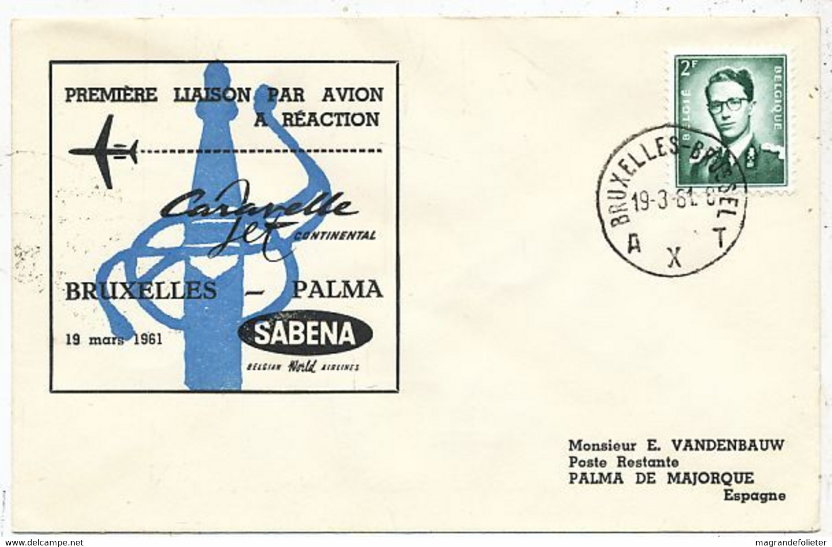 AVION AVIATION AIRWAYS SABENA FDC 1 Ere VOL LIAISON CARAVELLE BRUXELLES-PALMA 1961 - Zertifikate