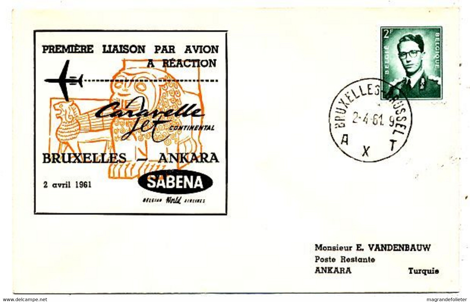 AVION AVIATION AIRWAYS SABENA FDC 1 Ere VOL LIAISON CARAVELLE BRUXELLES-ANKARA 1961 - Zertifikate