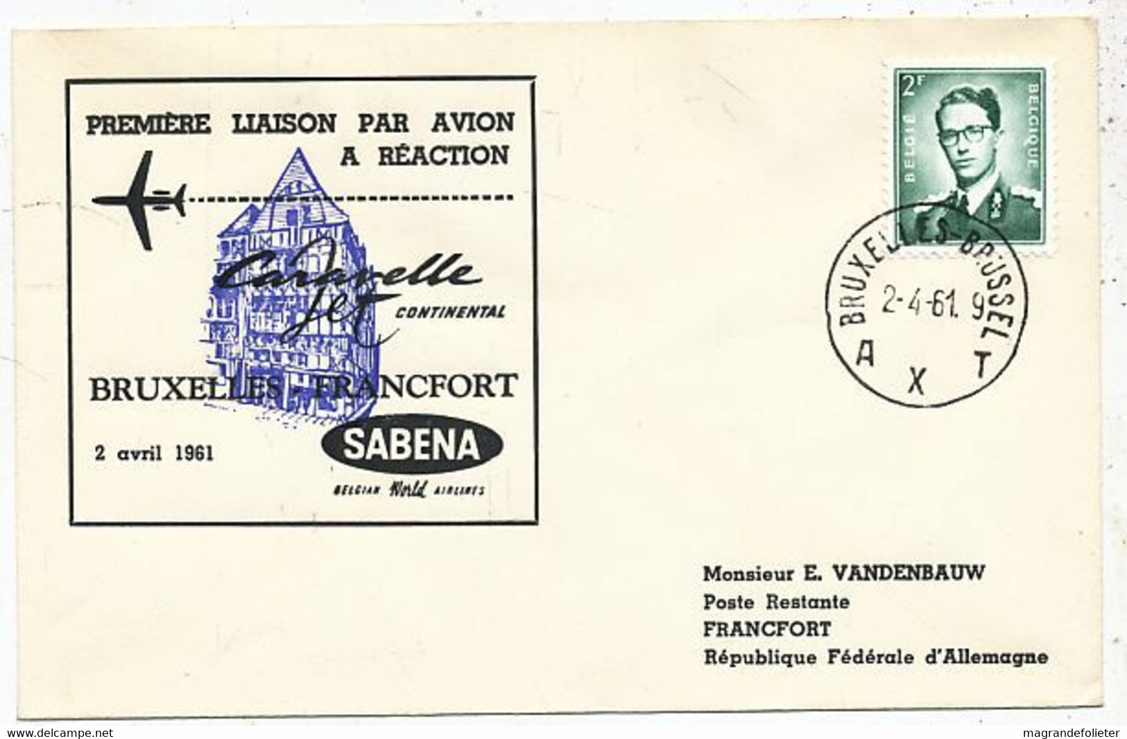 AVION AVIATION AIRWAYS SABENA FDC 1 Ere VOL LIAISON CARAVELLE BRUXELLES-FRANCFORT 1961 - Certificados De Vuelo