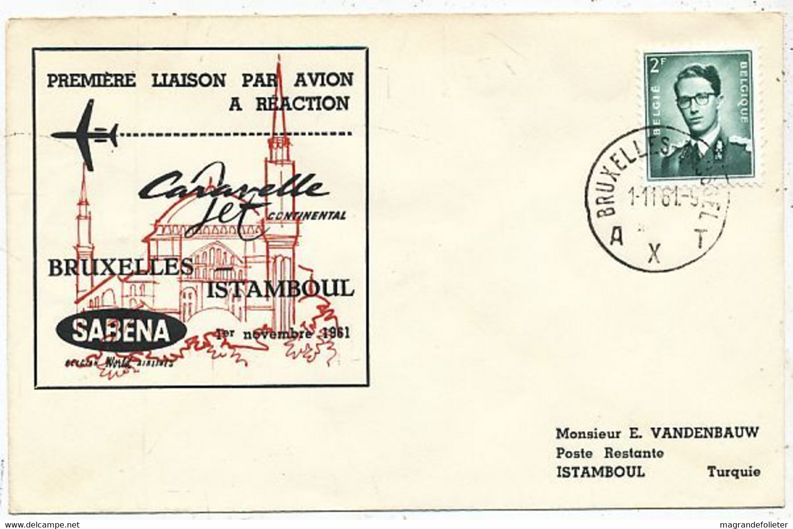 AVION AVIATION AIRWAYS SABENA FDC 1 Ere VOL LIAISON CARAVELLE BRUXELLES-ISTAMBOUL  1961 - Certificados De Vuelo