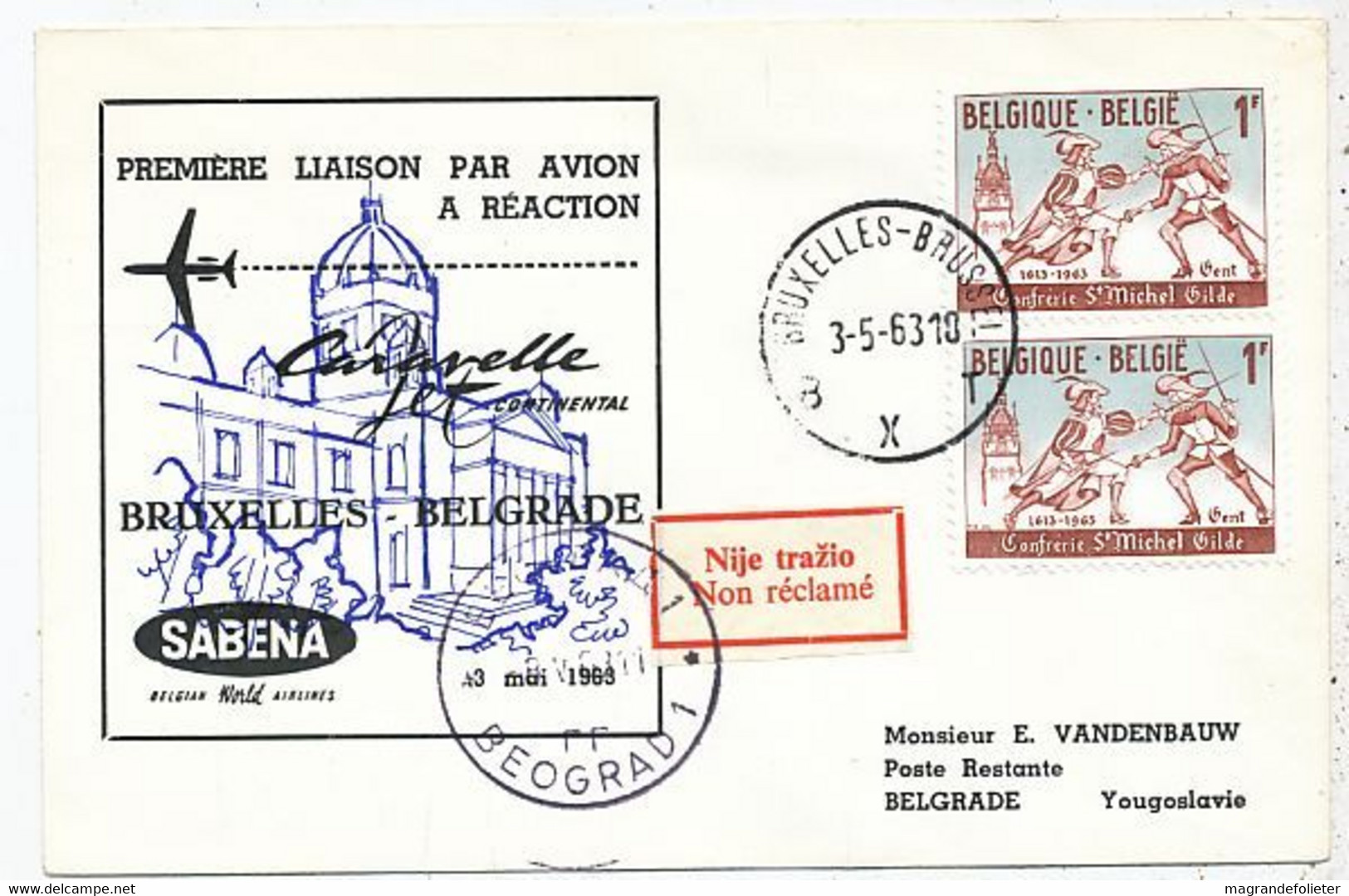 AVION AVIATION AIRWAYS SABENA FDC 1 Ere VOL LIAISON CARAVELLE BRUXELLES- BELGRADE 1963 - Certificats De Vol