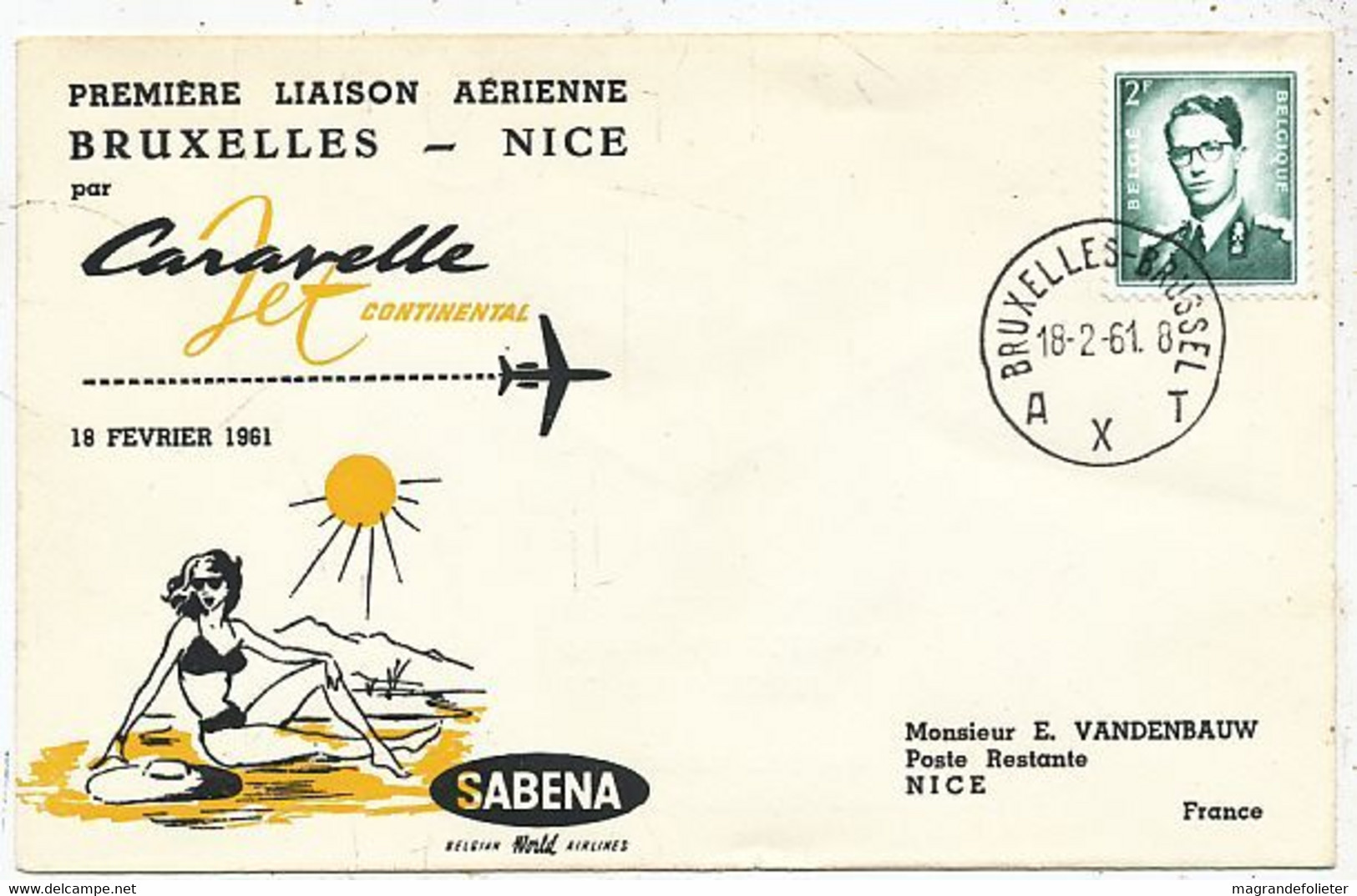 AVION AVIATION AIRWAYS SABENA FDC 1 Ere VOL LIAISON CARAVELLE BRUXELLES- NICE 1961 - Zertifikate