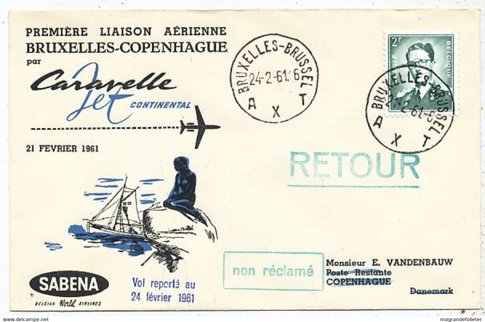 AVION AVIATION AIRWAYS SABENA FDC 1 Ere VOL LIAISON CARAVELLE BRUXELLES- COPENHAGUE 1961 - Certificats De Vol