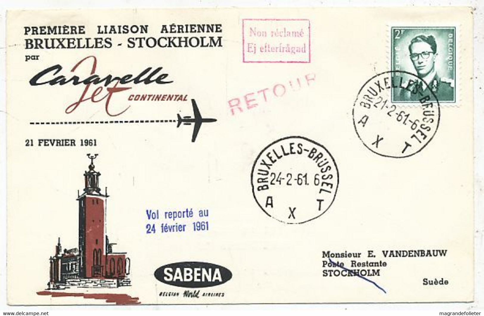 AVION AVIATION AIRWAYS SABENA FDC 1 Ere VOL LIAISON CARAVELLE BRUXELLES- STOCKHOLM  1961 - Zertifikate