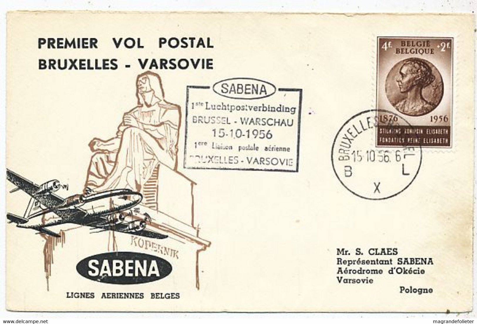 AVION AVIATION AIRWAYS SABENA FDC 1 Ere VOL LIAISON  BRUXELLES- VARSOVIE 1956 - Flight Certificates