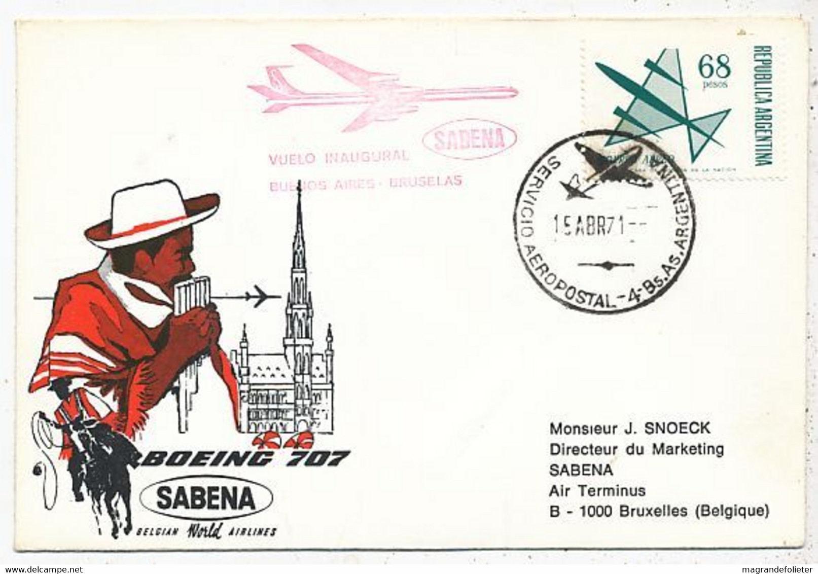 AVION AVIATION AIRWAYS SABENA FDC 1 Ere VOL BOEING   LIAISON BUENOS-AIRES  BRUXELLES 1971 - Zertifikate