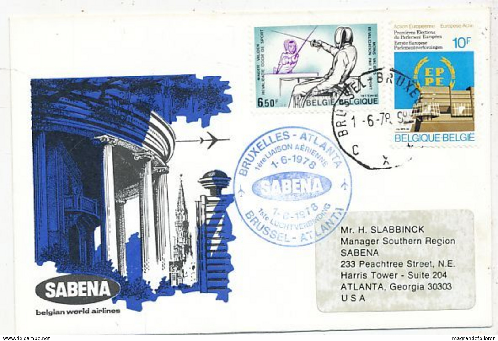 AVION AVIATION AIRWAYS SABENA FDC 1 Ere VOL   LIAISON  BRUXELLES-ATLANTA 1978 - Vliegvergunningen