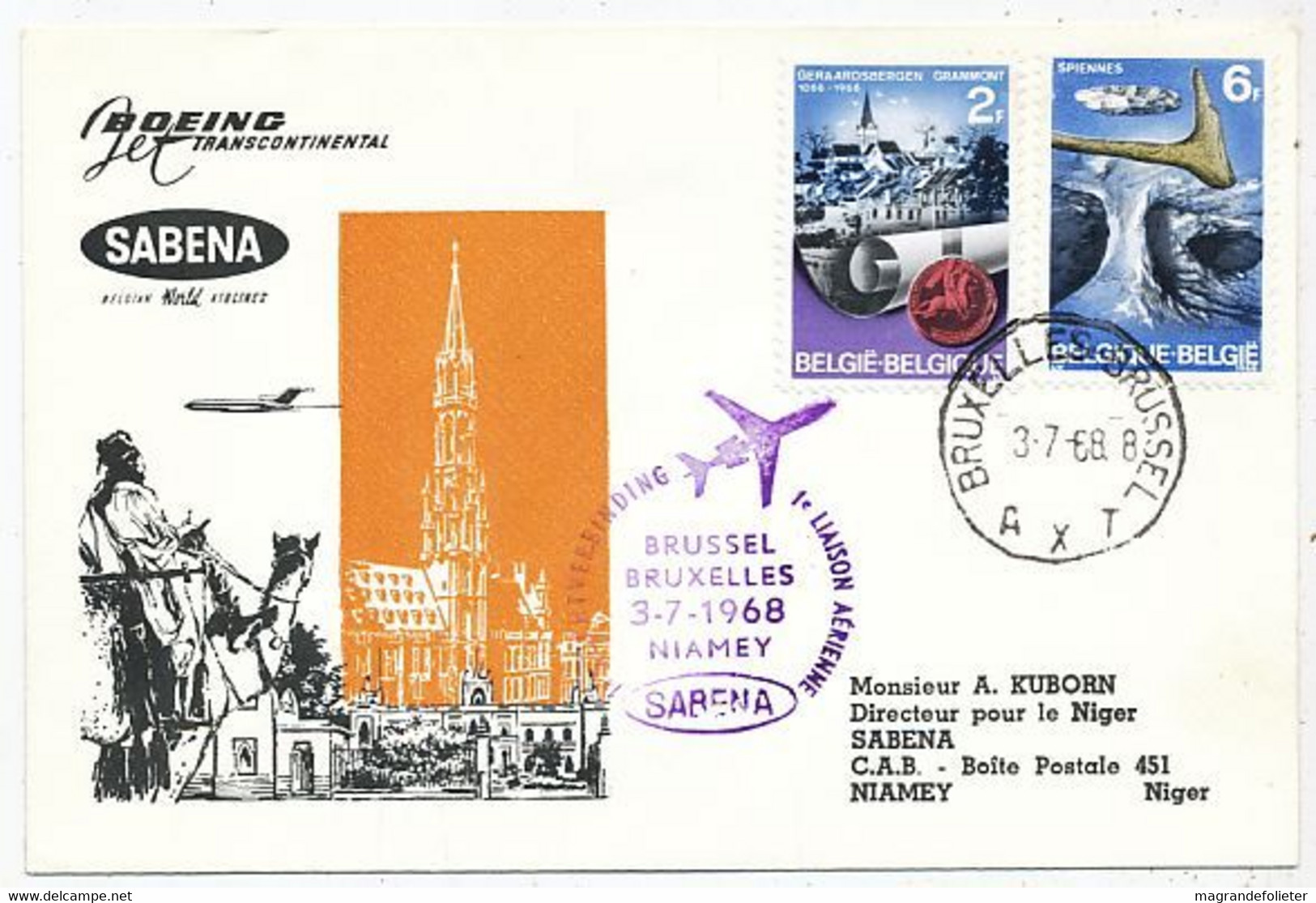AVION AVIATION AIRWAYS SABENA FDC 1 Ere VOL BOEING  LIAISON  BRUXELLES-NIAMEY 1968 - Zertifikate