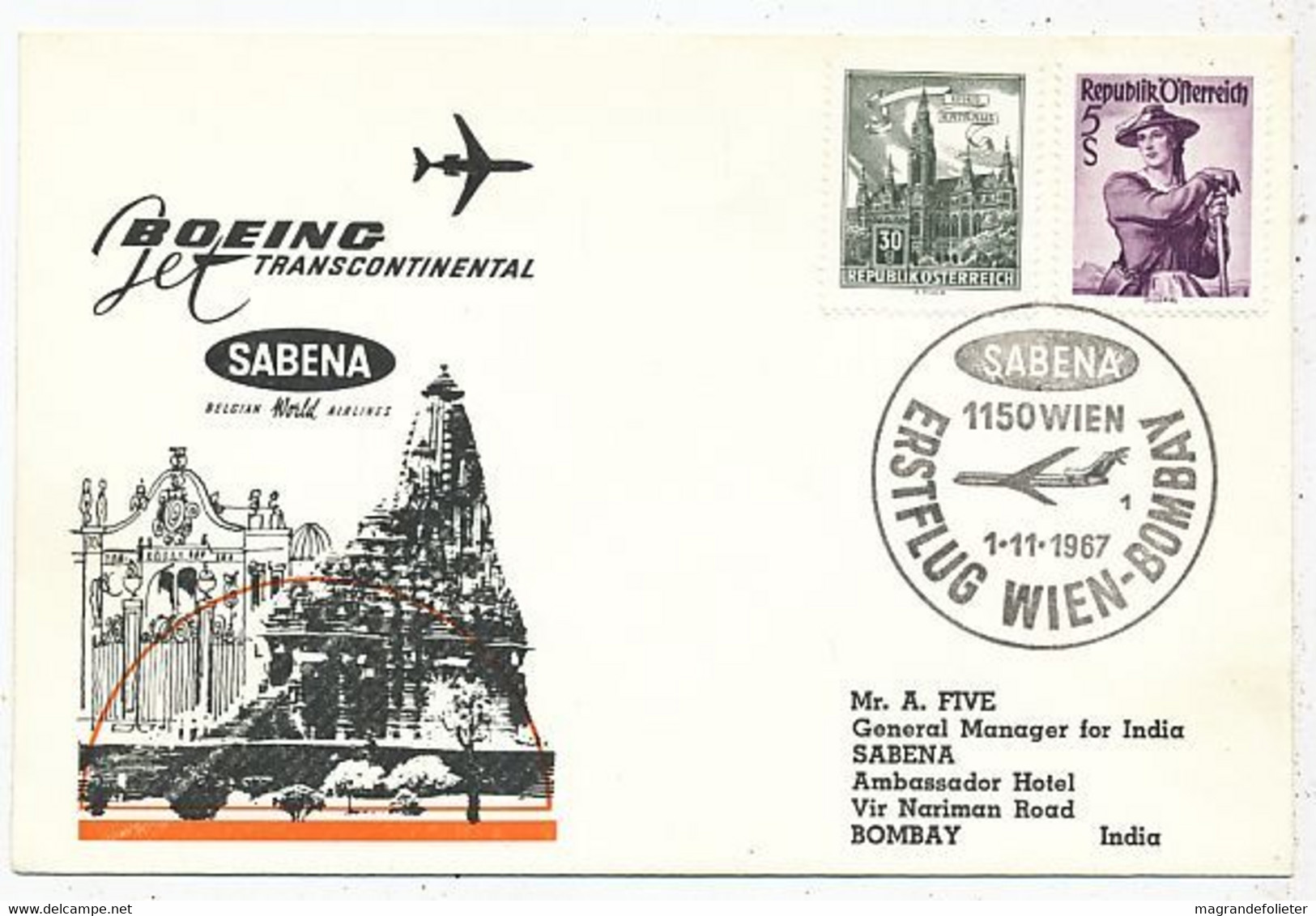 AVION AVIATION AIRWAYS SABENA FDC 1 Ere VOL LIAISON  BOEING WIEN-BOMBAY 1967 - Certificats De Vol