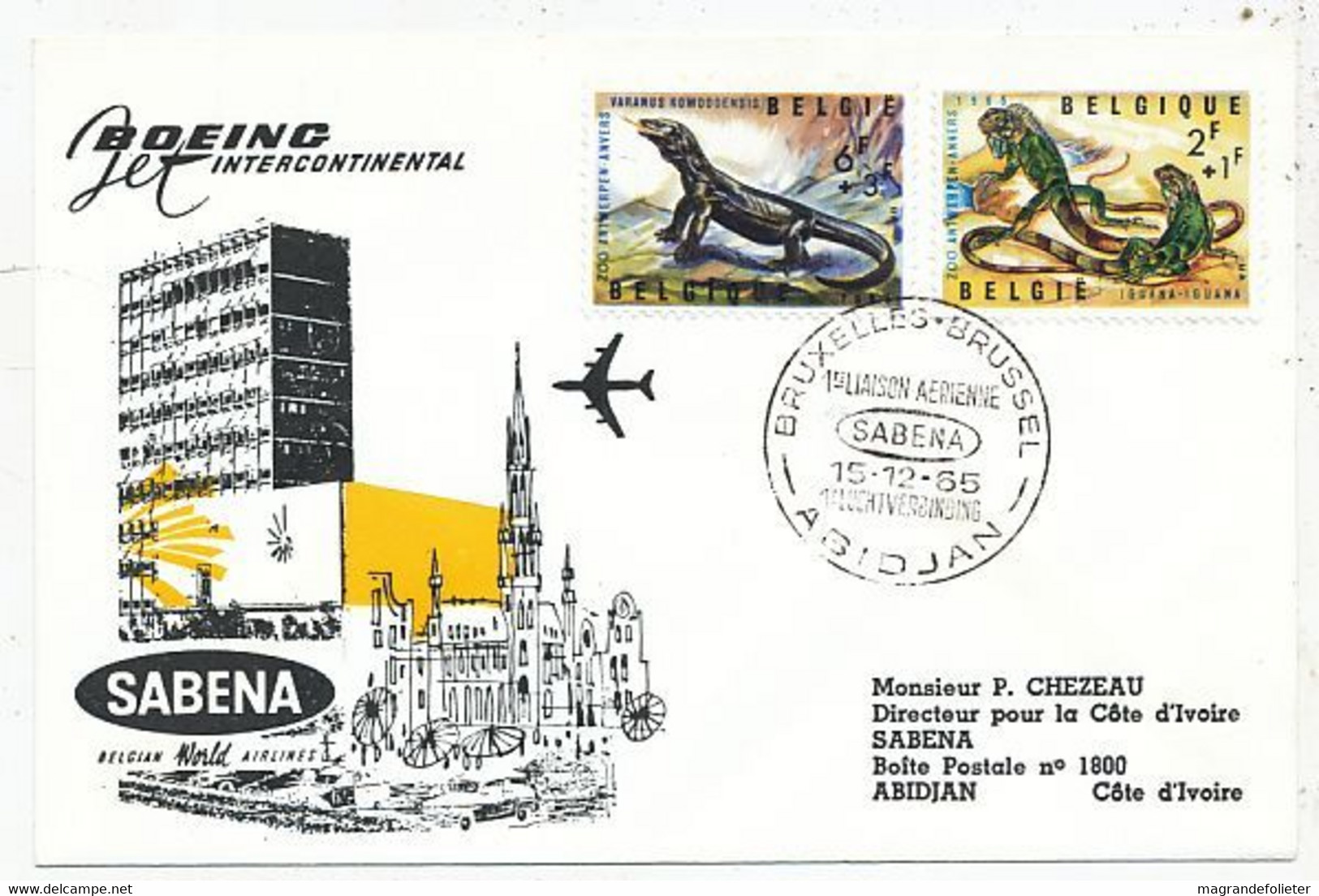 AVION AVIATION AIRWAYS SABENA FDC 1 Ere VOL LIAISON BOEING BRUXELLES-ABIDJAN 1965 - Zertifikate