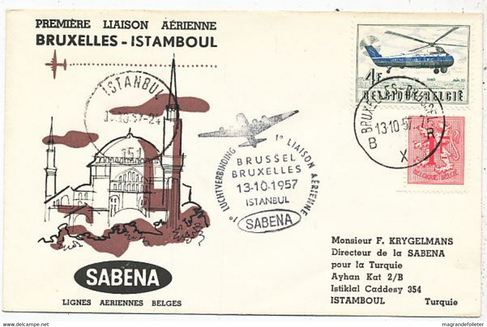 AVION AVIATION AIRWAYS SABENA FDC 1 Ere VOL LIAISON BRUXELLES-ISTAMBOUL 1957 - Certificats De Vol