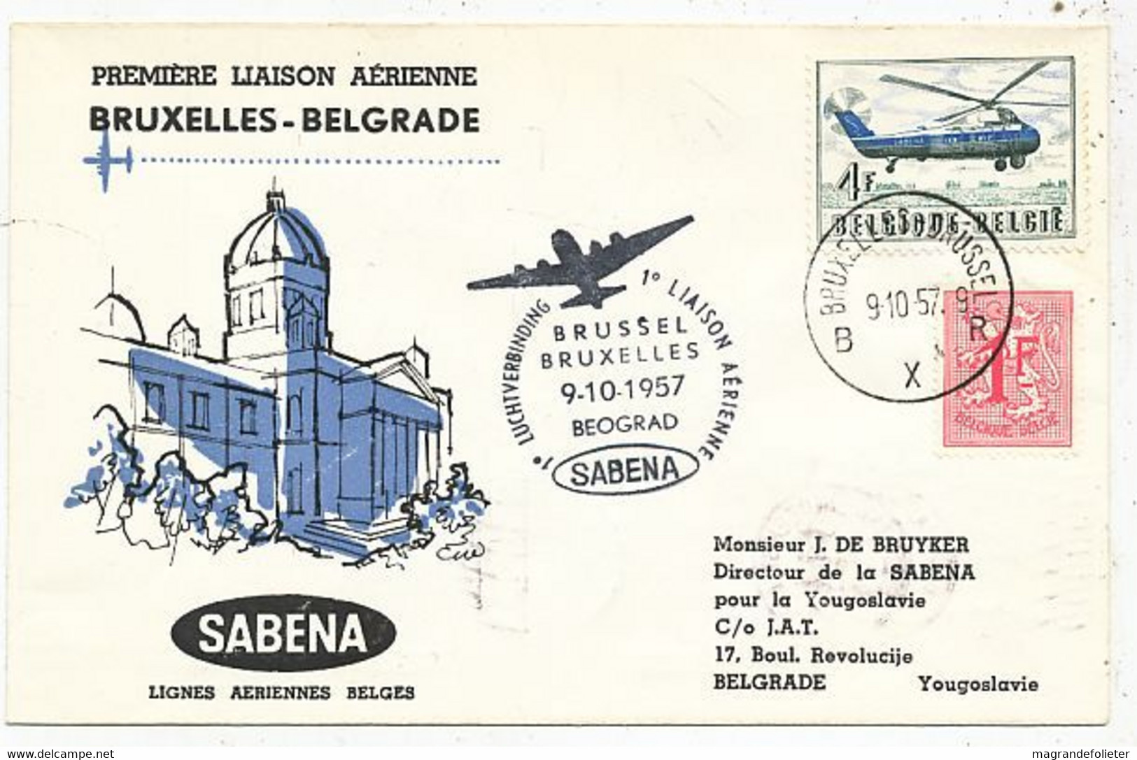 AVION AVIATION AIRWAYS SABENA FDC 1 Ere VOL LIAISON BRUXELLES-BELGRADE 1957 - Zertifikate