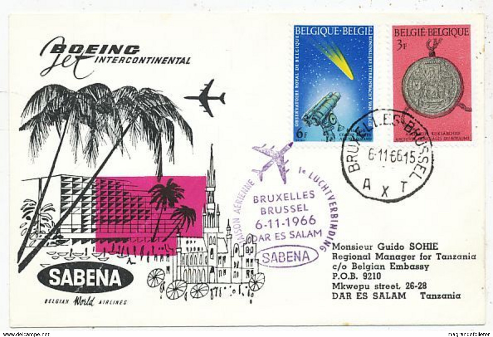 AVION AVIATION AIRWAYS SABENA FDC 1 Ere VOL LIAISON BOEING BRUXELLES-DAR ES SALAM 1966 - Certificats De Vol