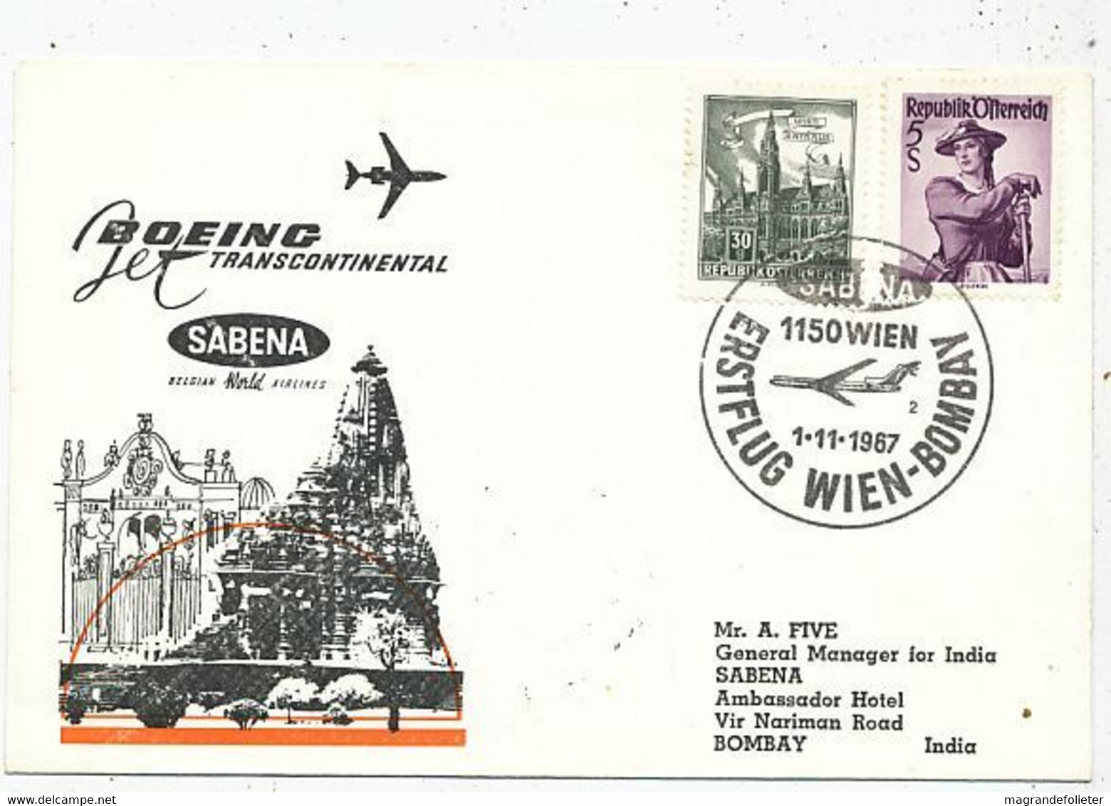 AVION AVIATION AIRWAYS SABENA FDC 1 Ere VOL LIAISON BOEING VIENNE-BOMBAY 1967 - Certificados De Vuelo
