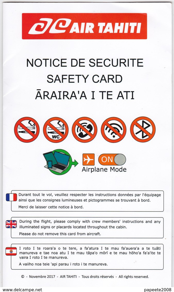 Air Tahiti / Consignes De Sécurité / Safety Card - Novembre 2017 - Veiligheidskaarten