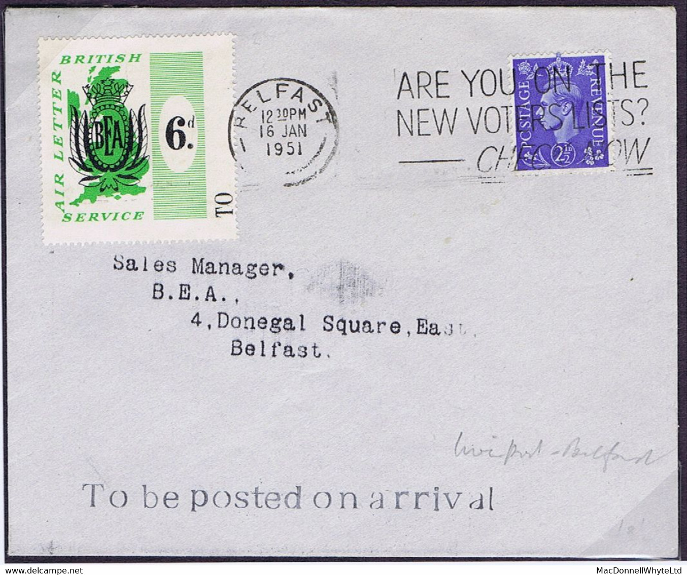 Ireland Airmail 1951 BEA Liverpool 16 Jan To Belfast Flown Cover With BEA AIR LETTER 6d Paying The Air Fee - Poste Aérienne