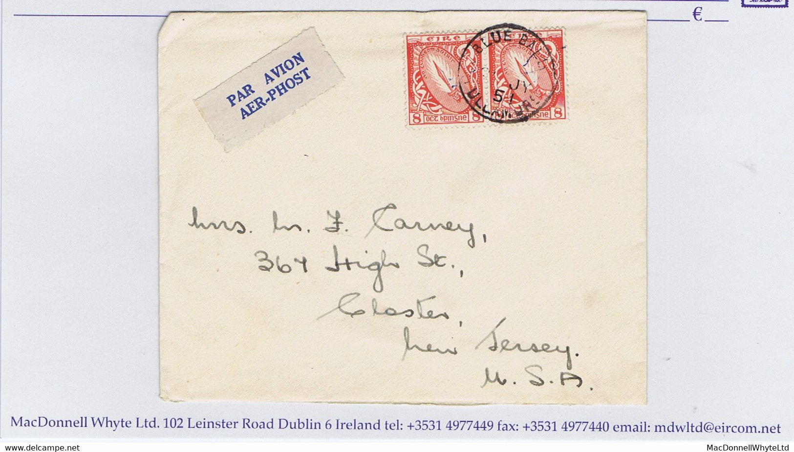Ireland Airmail Offaly 1s4d Rate 1949 8d Sword Pair Paying 16pence Airmail Rate On Cover To USA Tied BLUE BALL Cds - Luftpost