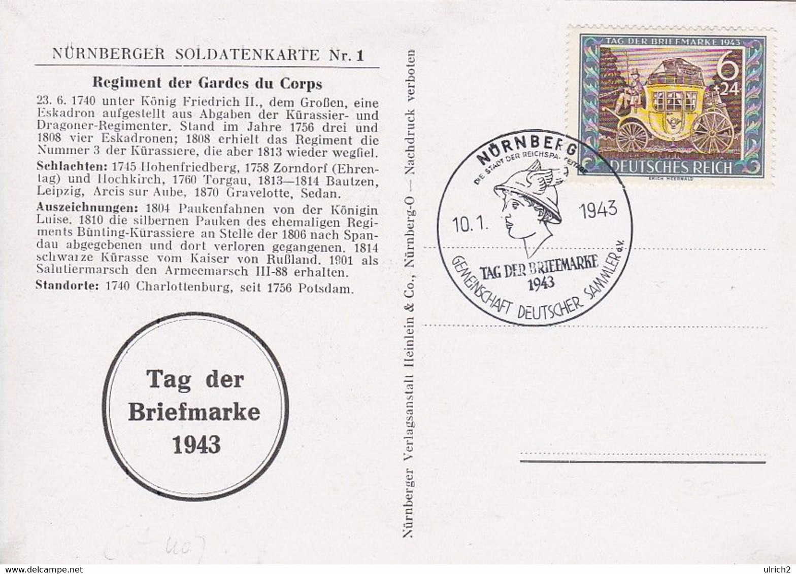 AK  Preussen 1914 - Gardes Du Corps - Potsdam Kesselpauker In Paradeuniform - Sonderstempel Tag Briefmarke 1943 (61244) - Uniformen