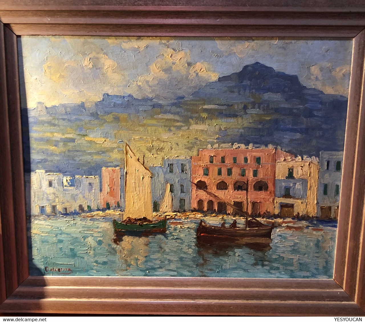 Guido Odierna (1913-1991) Rare Early 1937 CAPRI ISLAND & BOAT Impressionist Oil Painting  (art Italy Napoli Campania - Olieverf