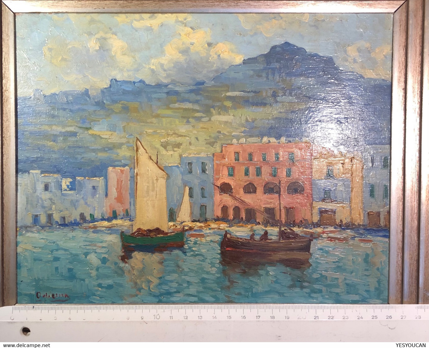 Guido Odierna (1913-1991) rare early 1937 CAPRI ISLAND & BOAT impressionist oil painting  (art Italy Napoli Campania