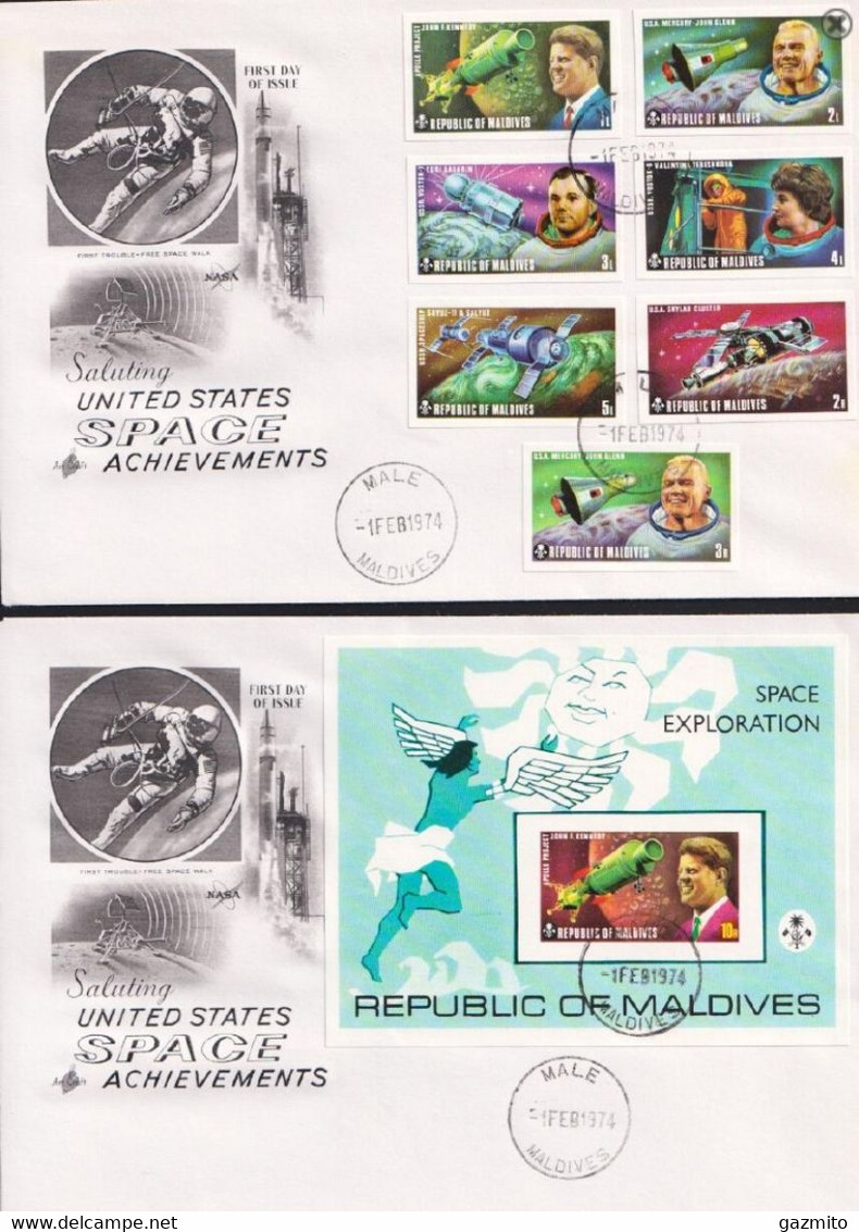 Maldives 1973, Space, Kennedy, 8val +BF IMPERFOR. In 2FDC - Asia