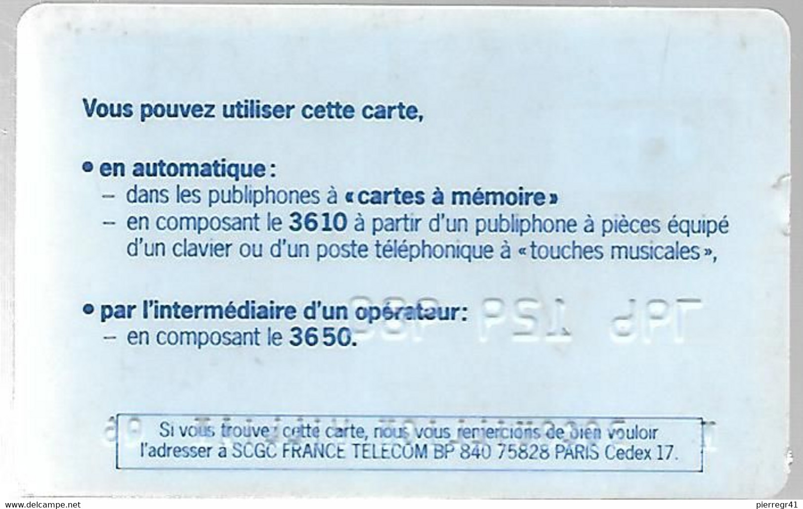 1-CARTE PUCE-BULL D-FRANCE TELECOM-PASTEL-NATIONALE- R°Bleu Outremer-TBE - Pastel