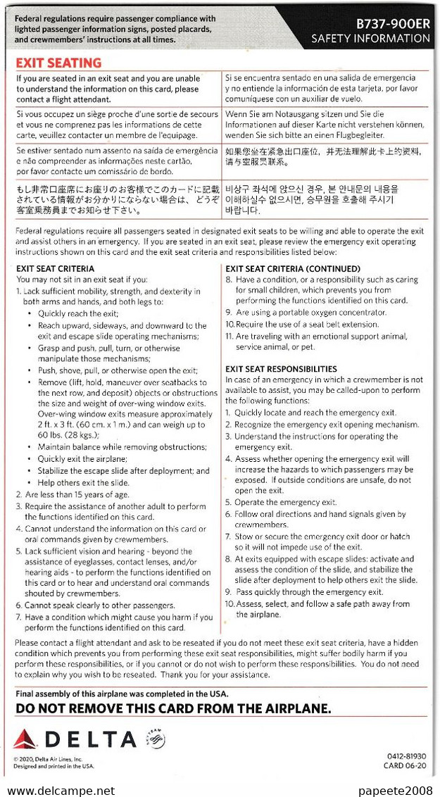 Delta Airline / B 737- 900ER - 06-2020 / Consignes De Sécurité / Safety Card (grand Format) - Fichas De Seguridad