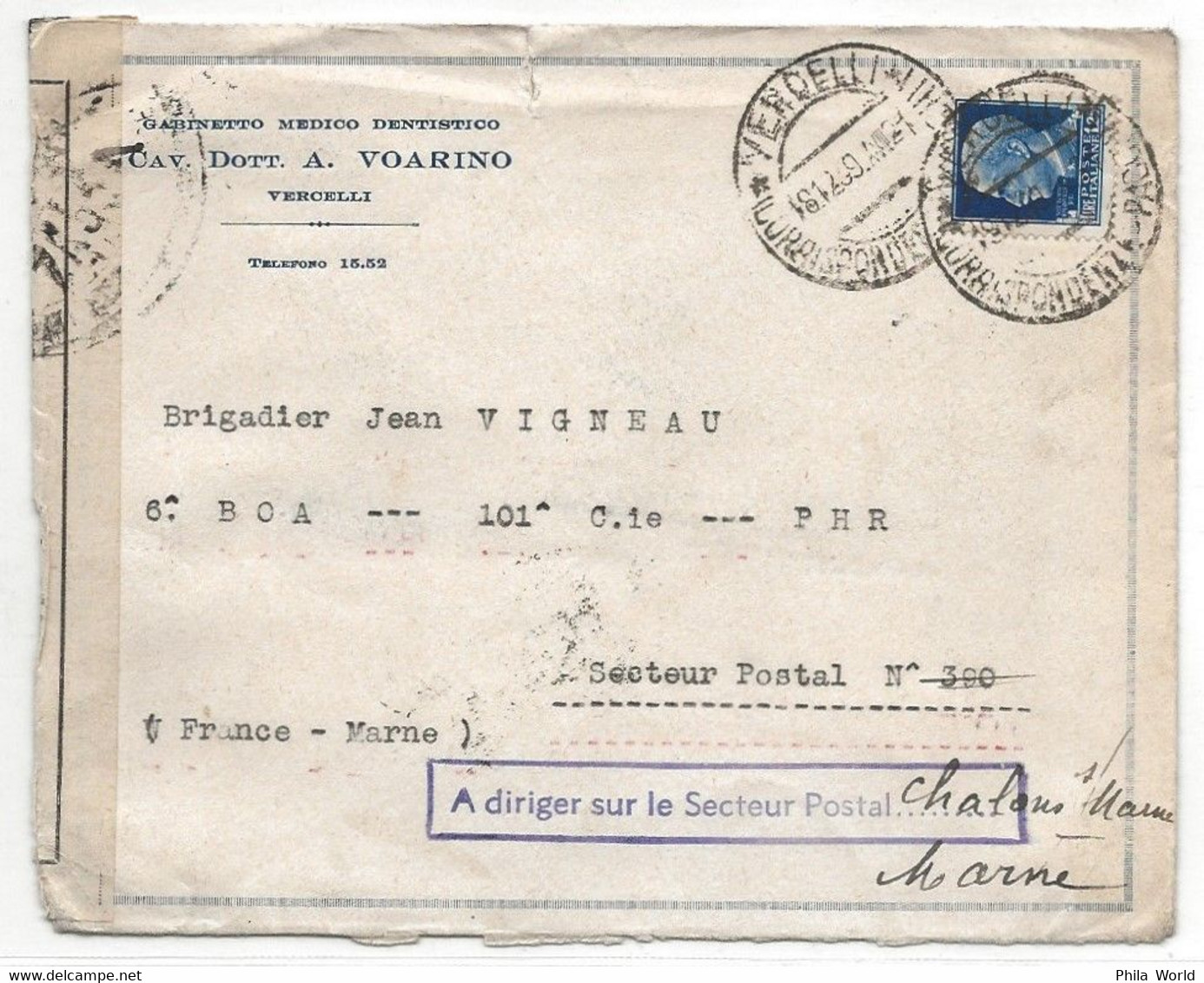 WW2 1939 Décembre ITALIE Vercelli > FRANCE Secteur Postal 390 A Diriger Censure Controle Militaire ZA 551 Marne Chalons - Lettres & Documents