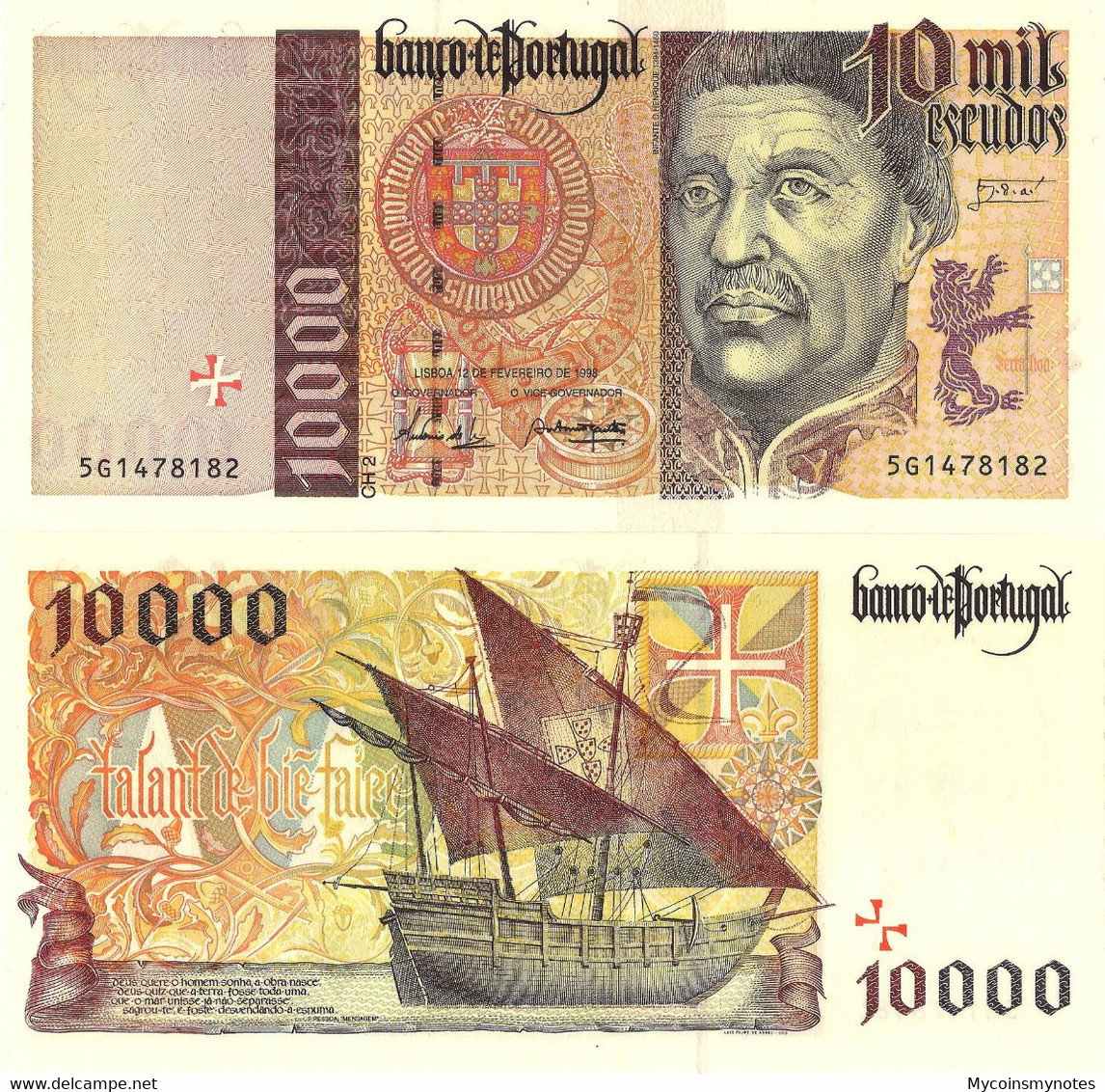 PORTUGAL 10000 ESCUDOS CH.2, P191 - 12/02/1998, "Infante D. Henrique" Navigator Serie, UNC - Portugal