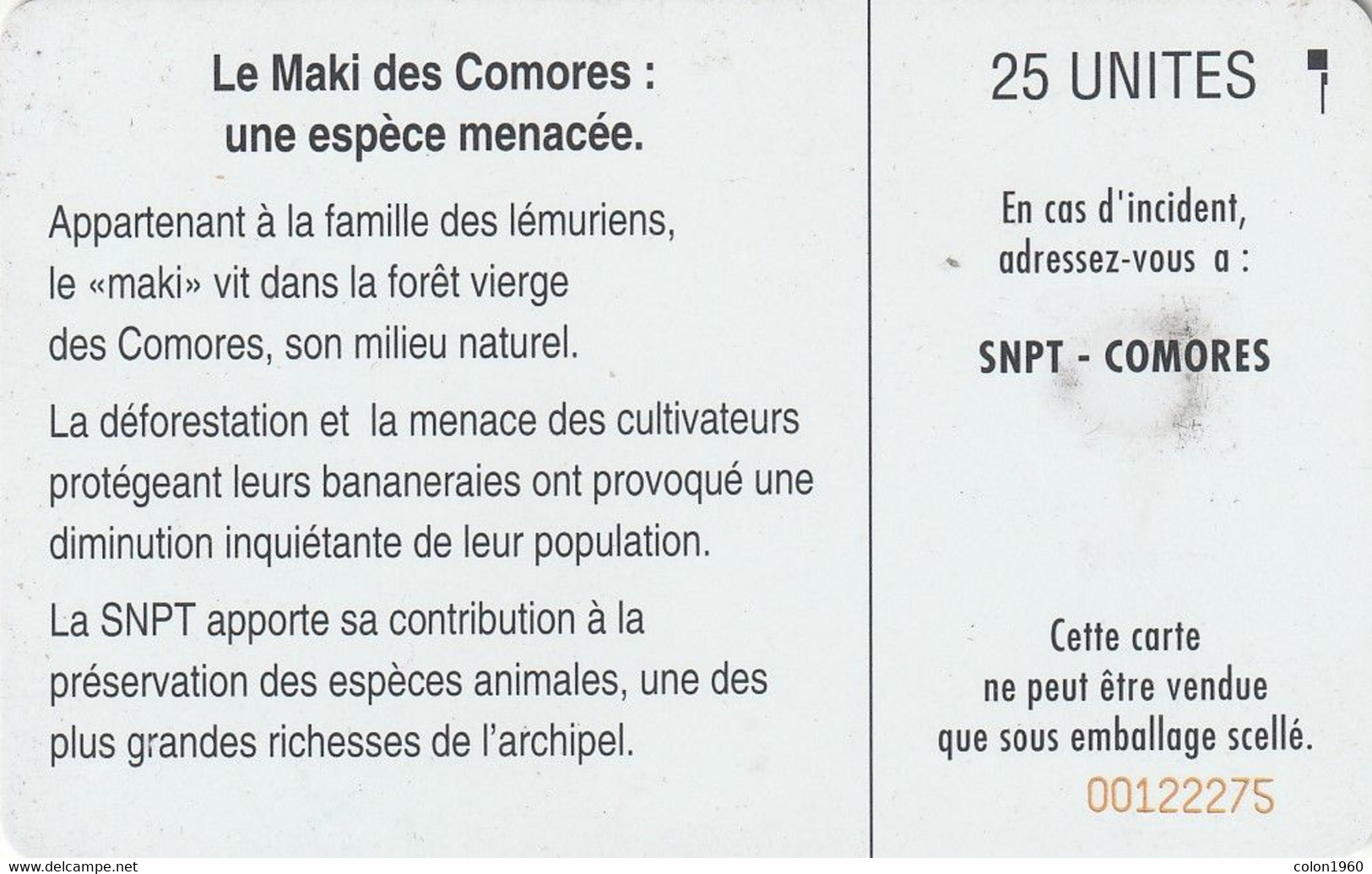 COMORES. KM-OPT-0008E. Le Maki Des Comores (SC7 - With Moreno Logo). 25U. 1994. (007) - Comoren