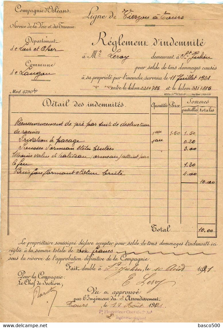 1921 Cie D'ORLEANS Ligne Vierzon/Tours Réglement Indemnité Incendie St JULIEN Loir & Cher 41 - Spoorweg