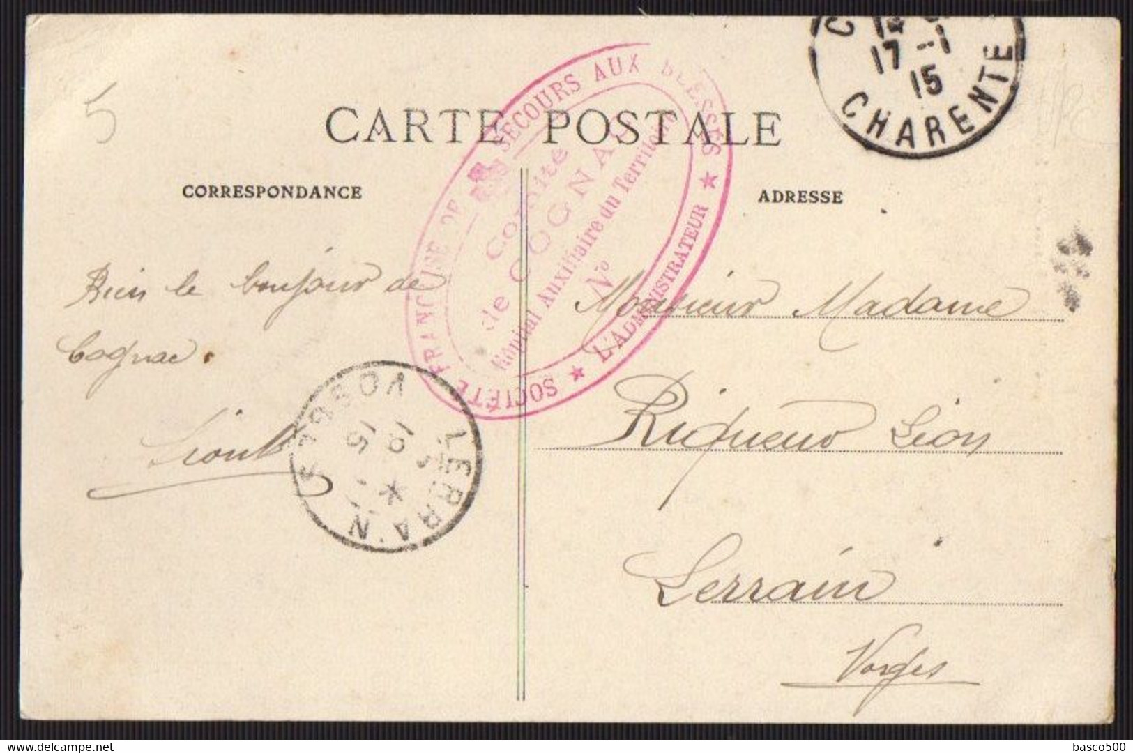 1915 COGNAC - Marque Administrateur "SOCIETE FRANCAISE SECOURS BLESSES - Hôpital Auxiliaire" - Rotes Kreuz