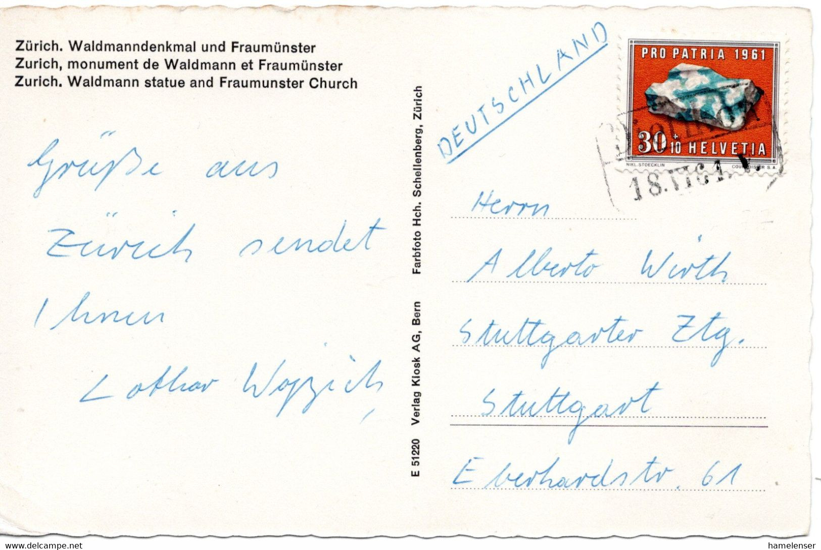 60944 - Schweiz - 1961 - 30Rp Pro Patria '61 EF A AnsKte M SBB-Stpl DIETIKON -> Westdeutschland - Minerals