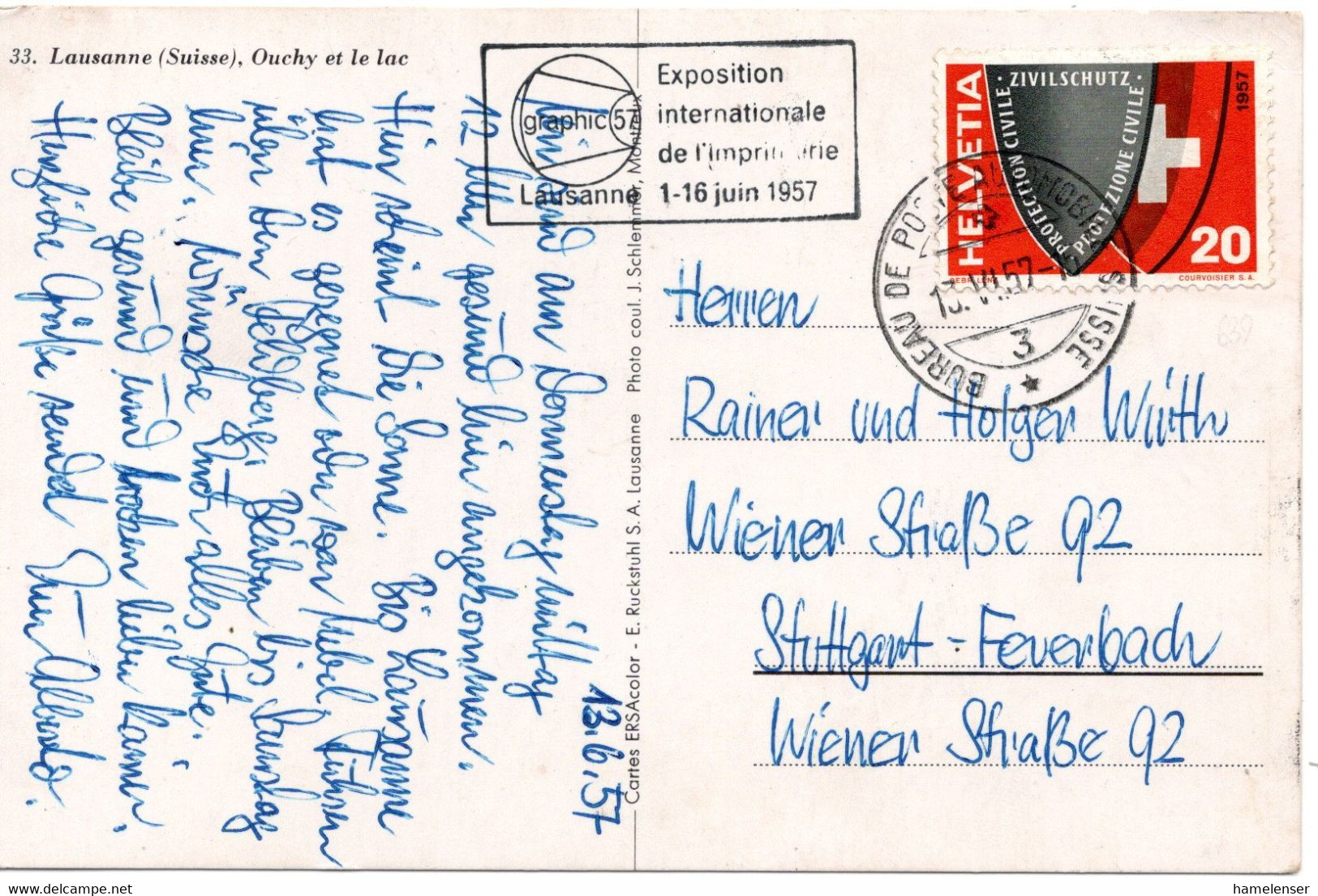 60945 - Schweiz - 1957 - 20Rp Zivilschutz EF A AnsKte M Stpl BUREAU DE POSTE AUTOMOBILE -> Westdeutschland - Storia Postale